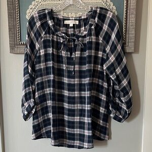 LOFT Navy & White Plaid Tie-Neck Peasant Top